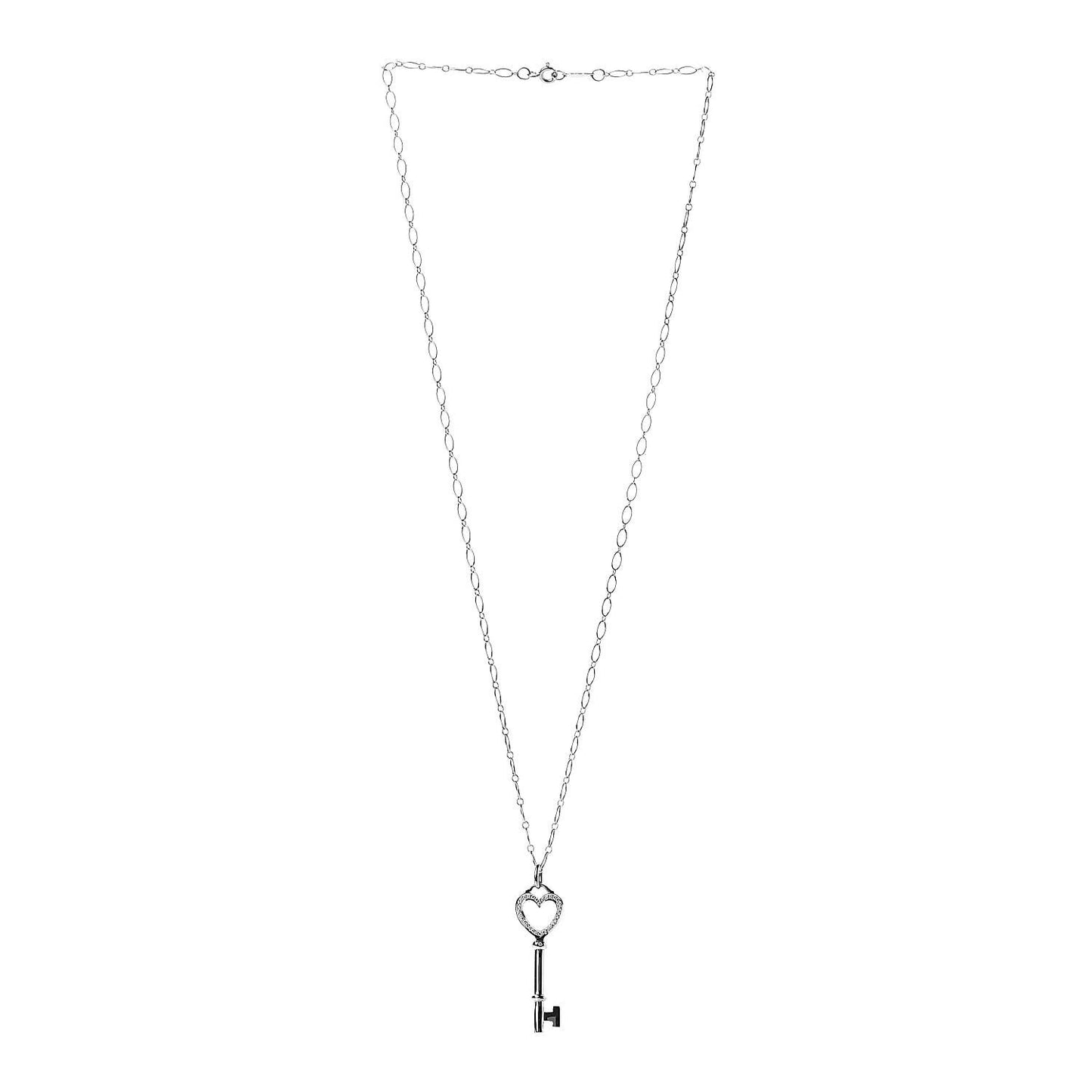 18K White Gold Diamond Mini Heart Key Charm Pendant Link Necklace