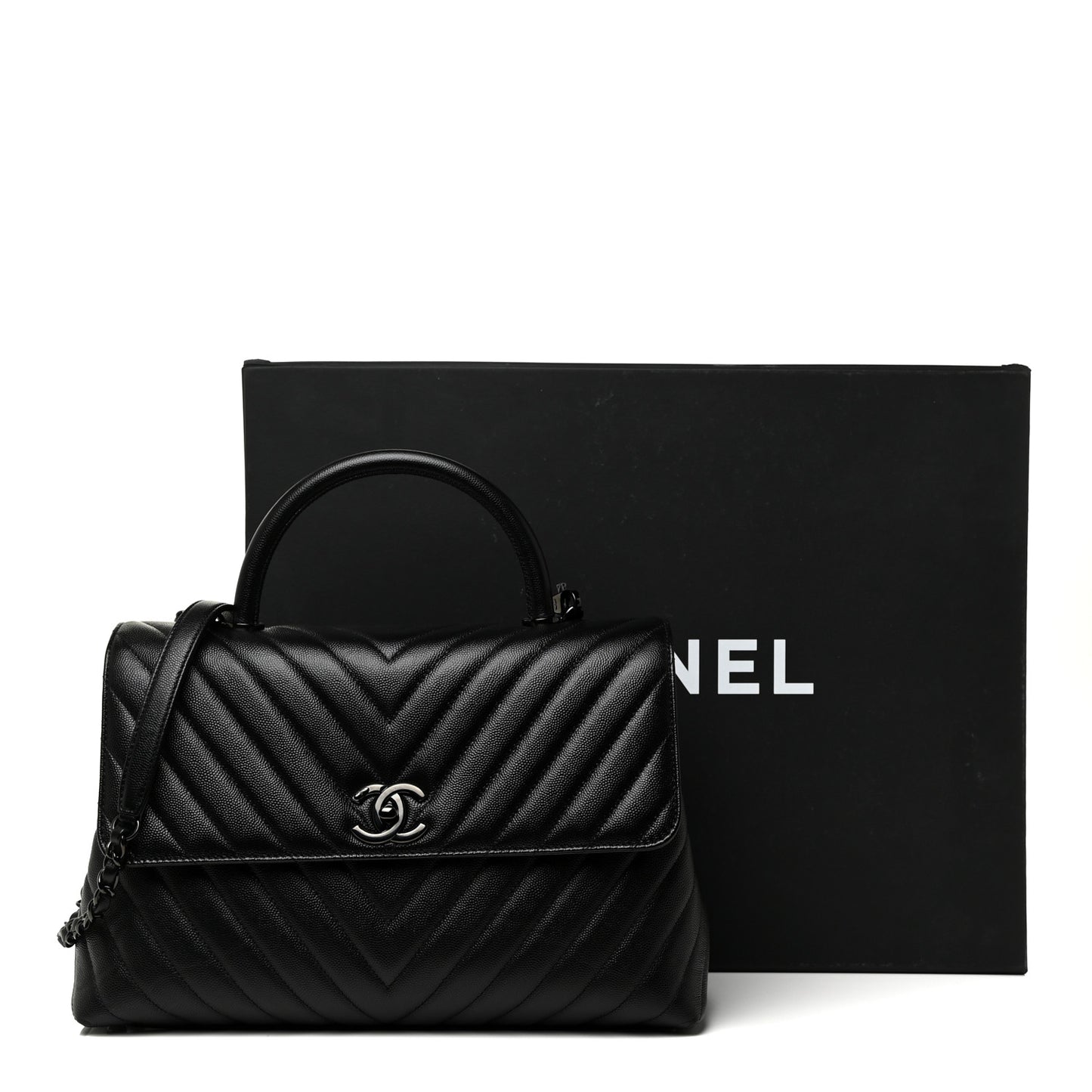 Caviar Chevron Quilted Medium Coco Handle Flap So Black