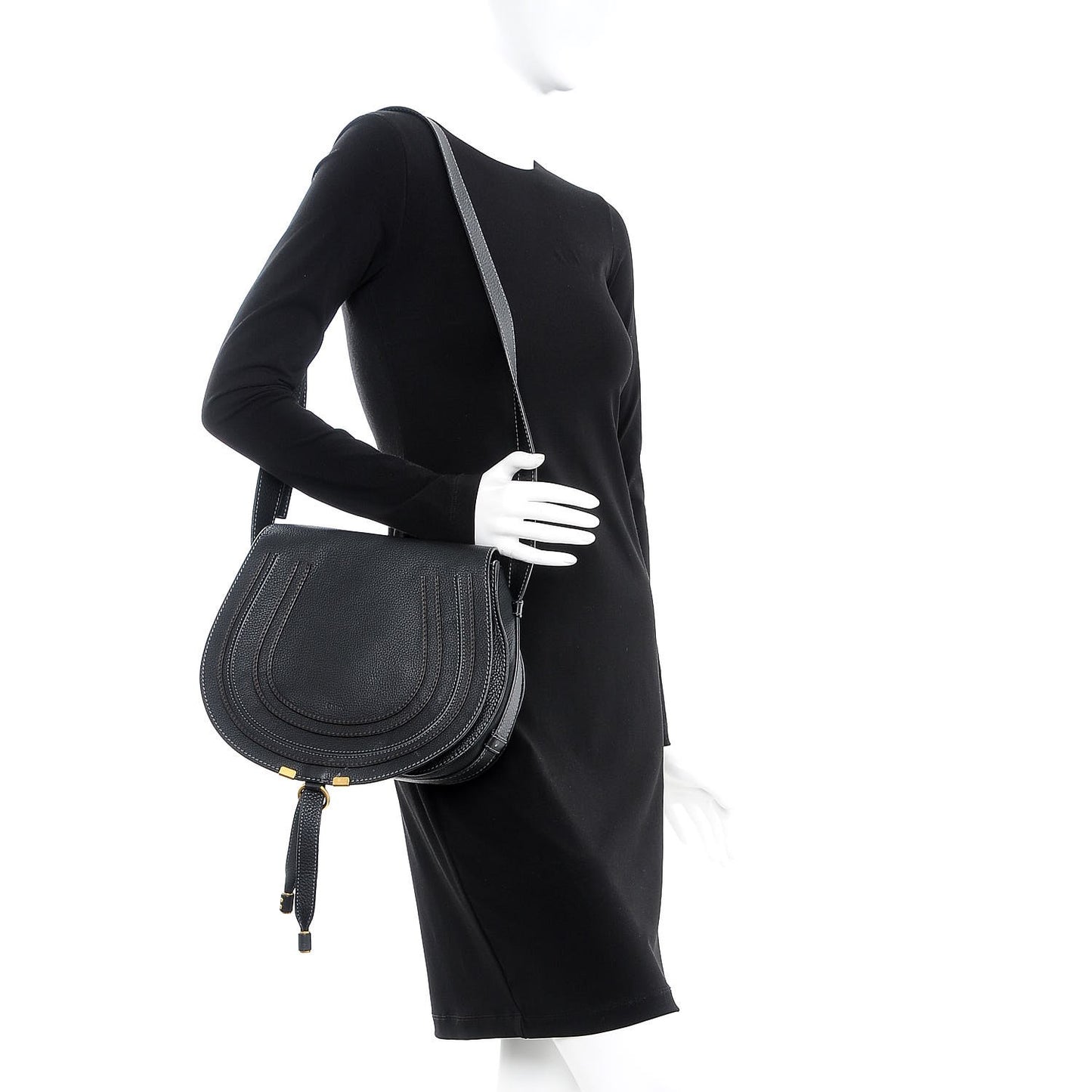 Calfskin Medium Marcie Round Crossbody Bag Black