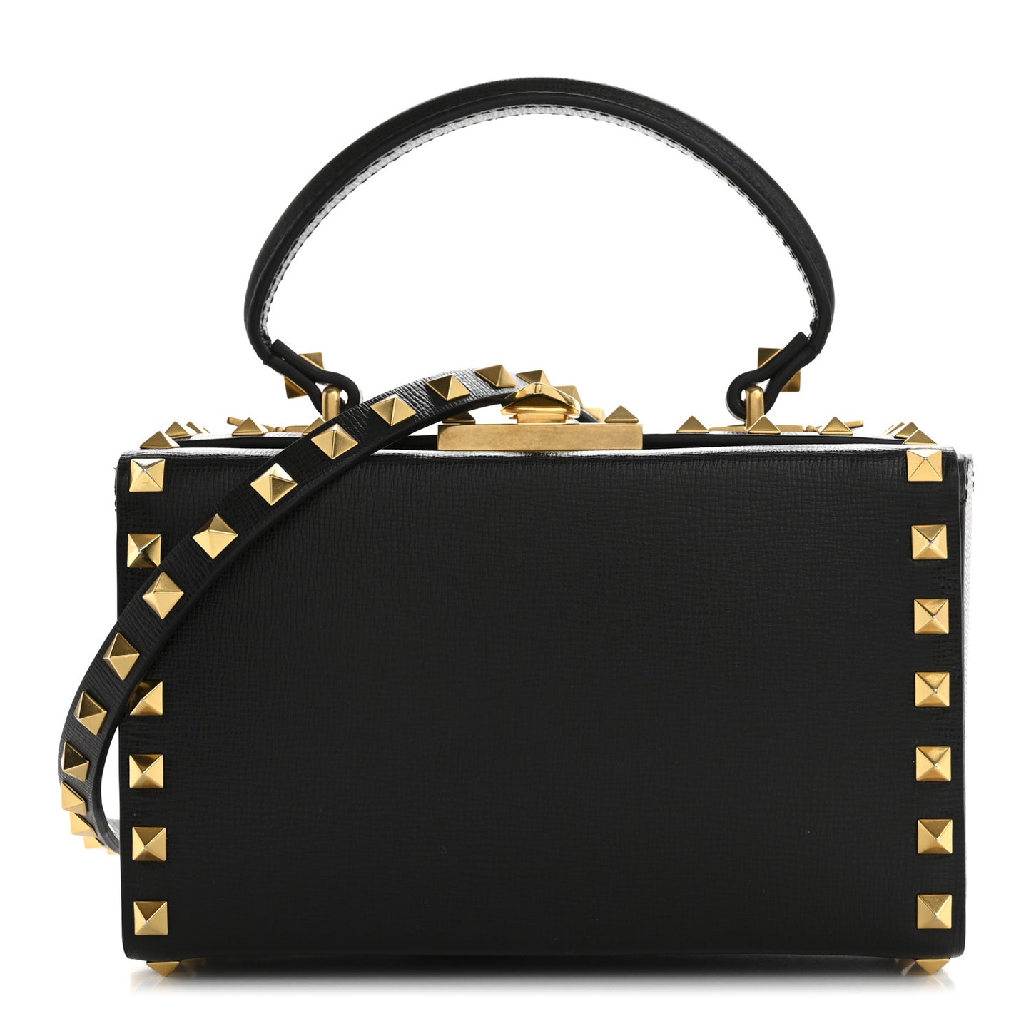 Grainy Calfskin Rockstud Alcove Box Top-Handle Bag Black