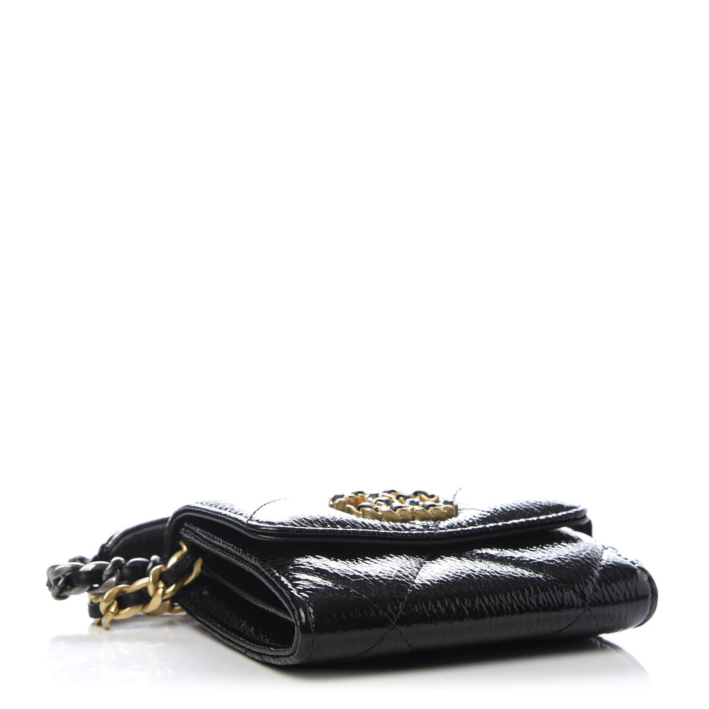 Shiny Crumpled Calfskin Quilted Chanel 19 Flap Coin Purse With Chain Black
