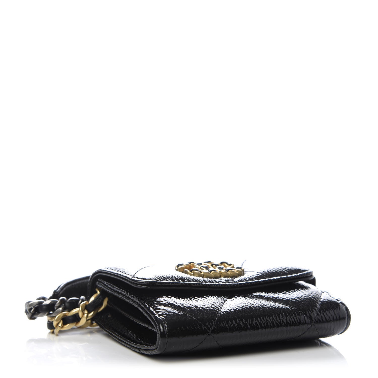 Chanel Shiny Crumpled Calfskin Quilted Chanel 19 Flap Coin Purse With Chain Black 3 of 10