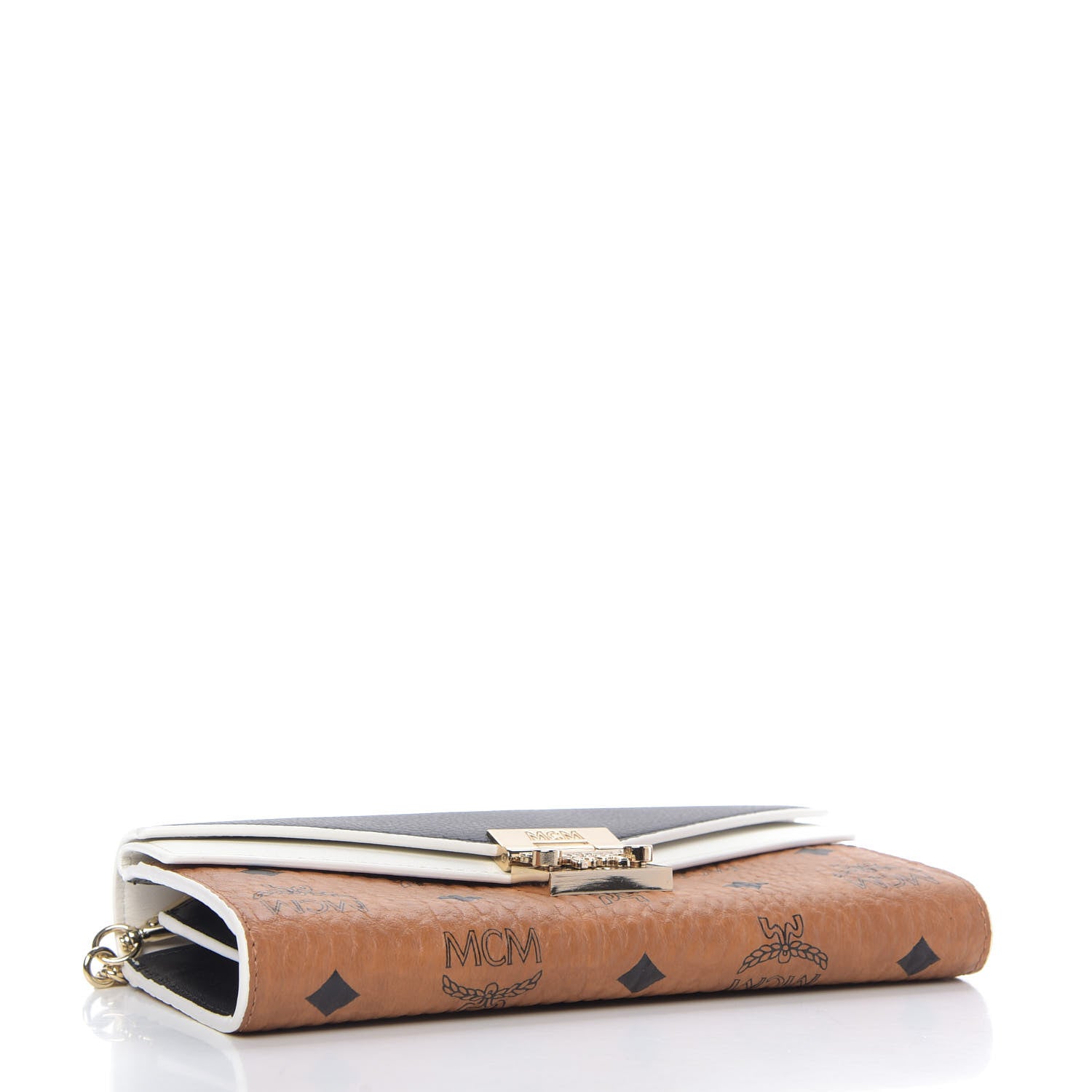 MCM Calfskin Visetos Monogram Patricia Color Block Wallet On Chain Cognac Black White 4 of 9