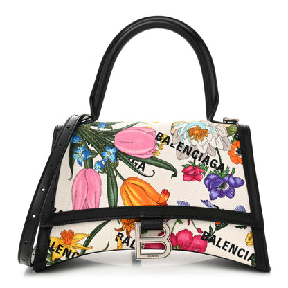 Balenciaga X GUCCI Canvas Boarded Plutone Calfskin Flora Logo Print Small Hourglass Top Handle Bag White Multicolor Black 1 of 10
