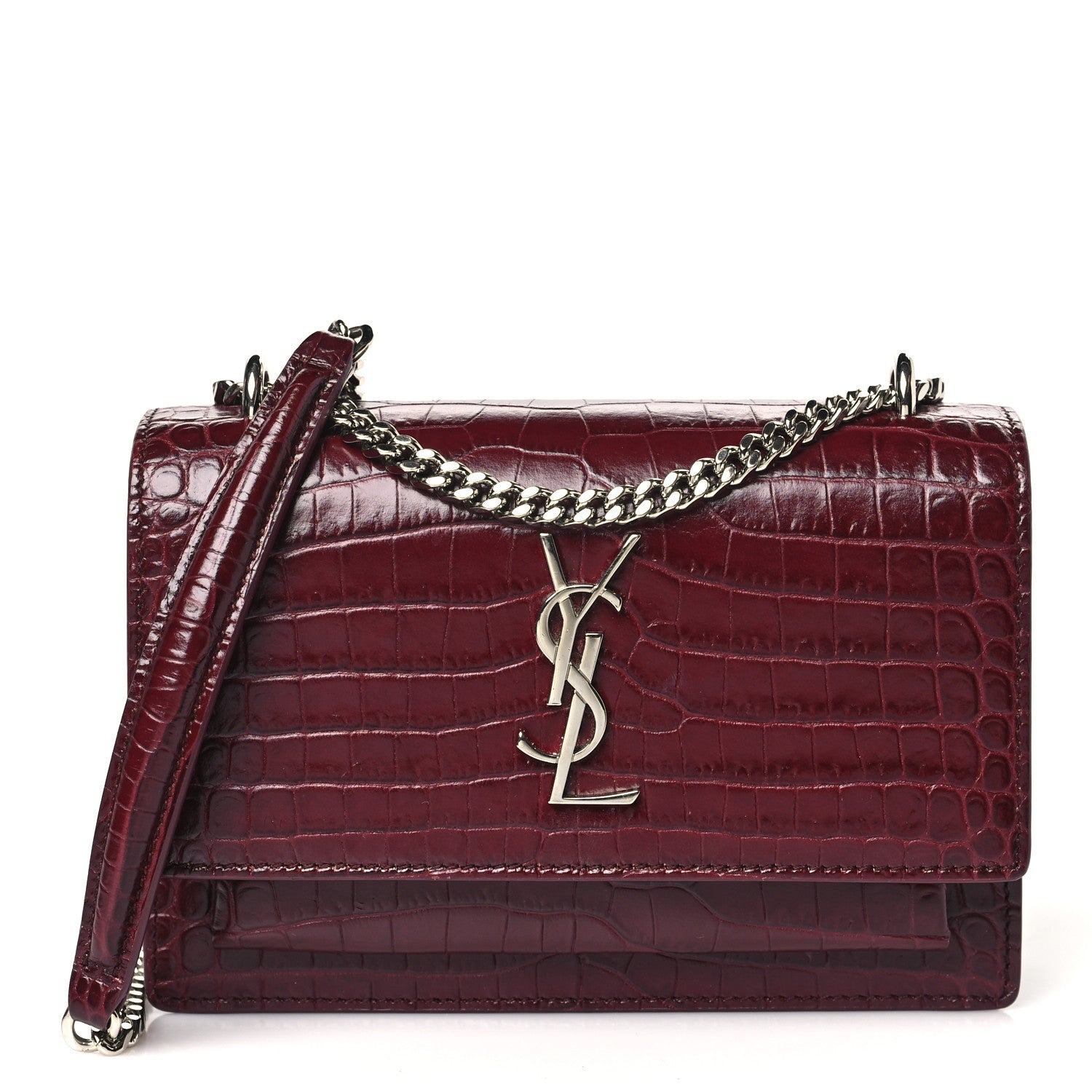 Saint Laurent Calfskin Crocodile Embossed Monogram Sunset Chain Wallet Rouge Legion 1 of 12