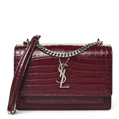 Saint Laurent Calfskin Crocodile Embossed Monogram Sunset Chain Wallet Rouge Legion 1 of 12