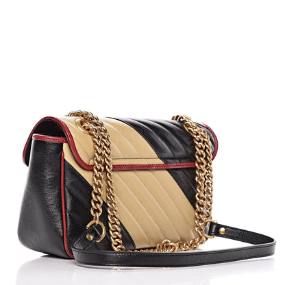 Gucci Vintage Effect Calfskin Matelasse Diagonal Striped Small Torchon GG Marmont Shoulder Bag Black Beige 3 of 10