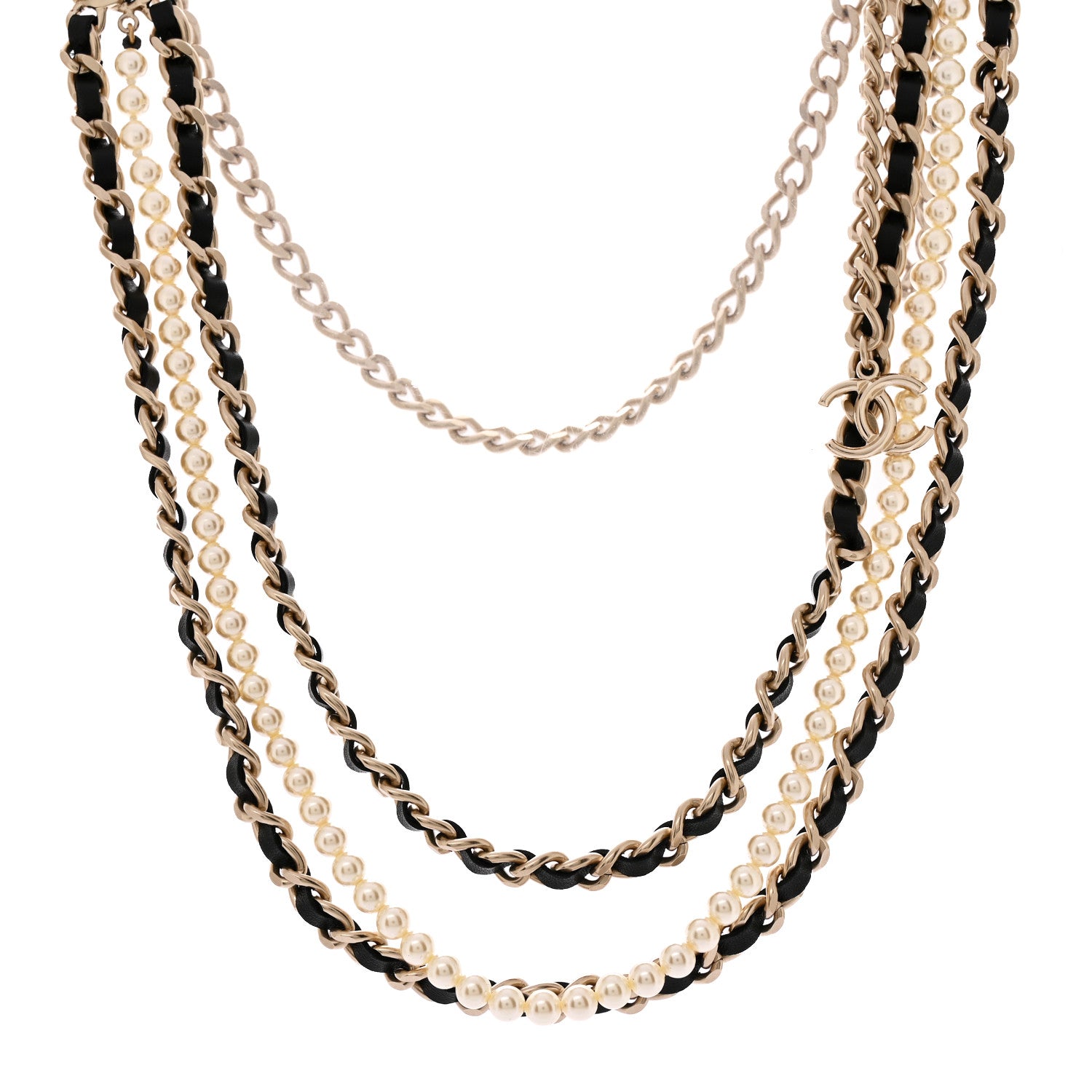 Chanel Pearl Lambskin Chain CC Multi Strand Necklace Gold Black 1 of 7