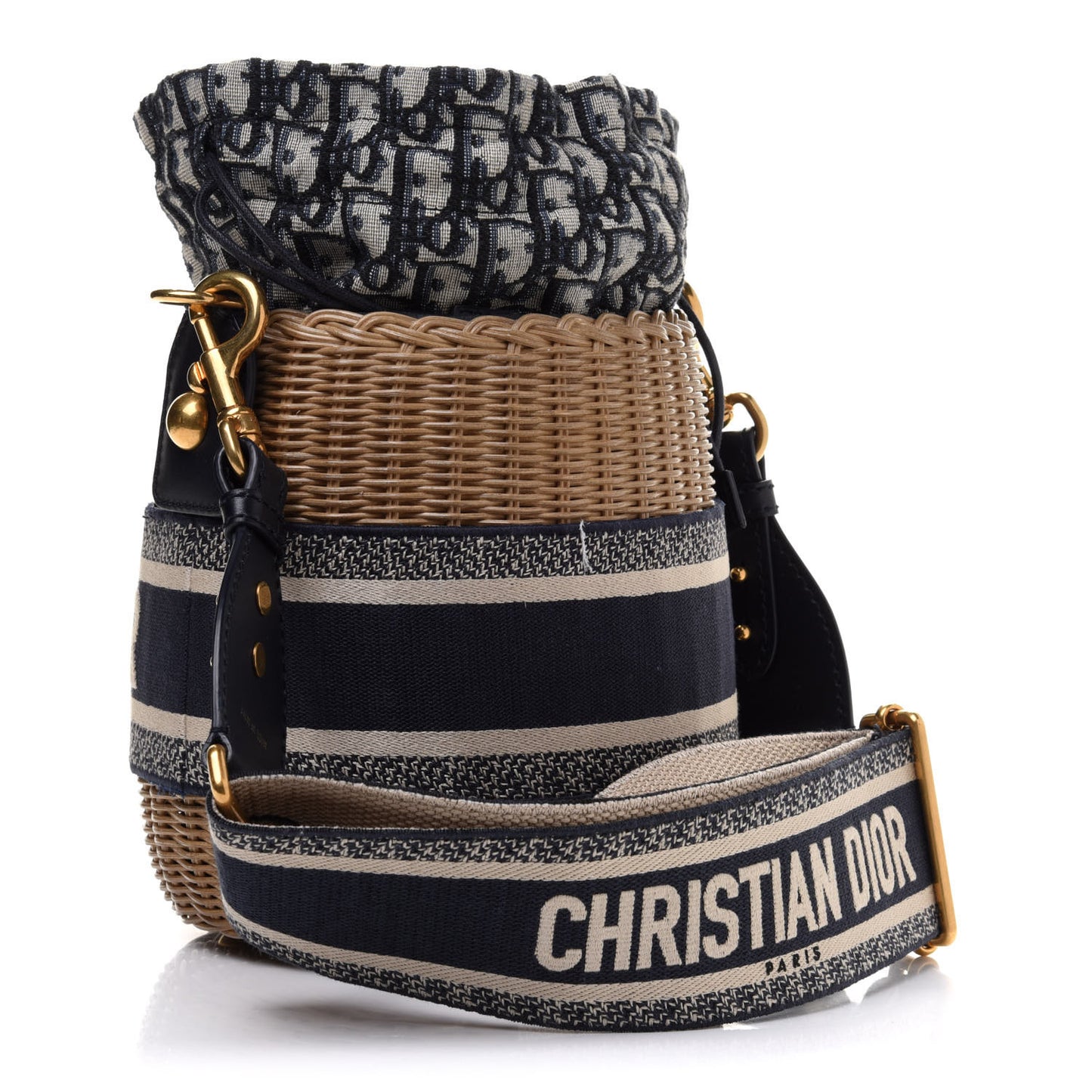 Wicker Oblique Drawstring Bucket Bag Blue