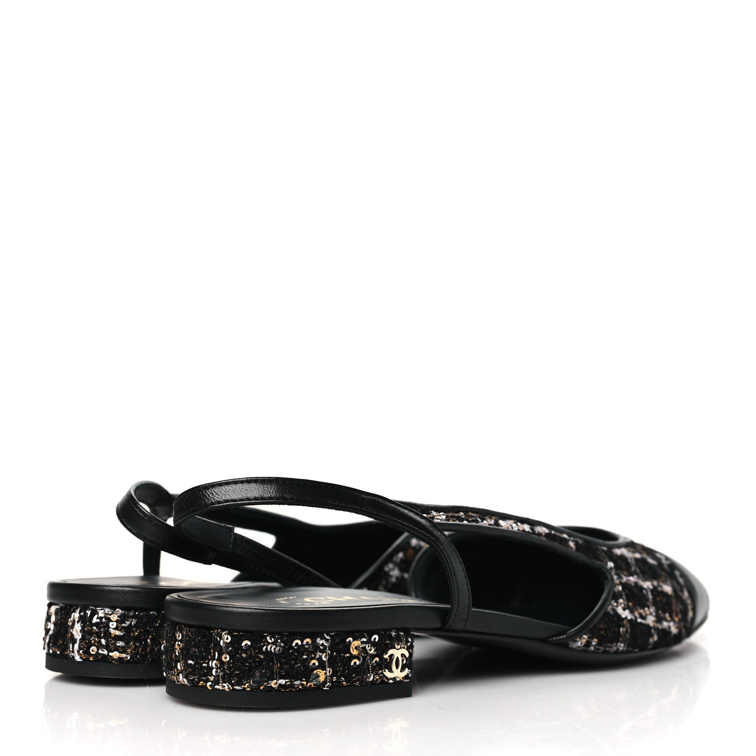 Chanel Tweed Sequins Cap Toe CC Slingback Flats 38.5 Black White Gold 4 of 10
