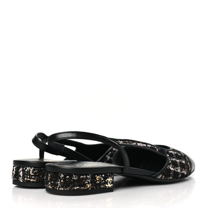 Chanel Tweed Sequins Cap Toe CC Slingback Flats 38.5 Black White Gold 4 of 10