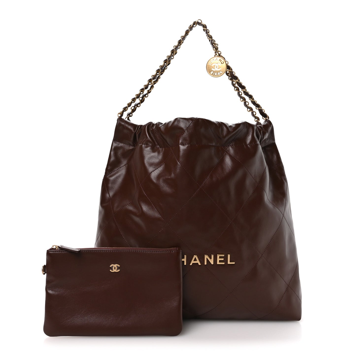 Shiny Calfskin Quilted Chanel 22 Dark Brown
