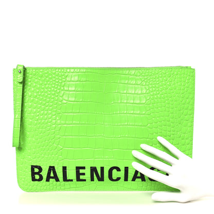 Balenciaga Shiny Calfskin Crocodile Embossed Logo Large Cash Pouch With Handle Fluo Green 2 of 9