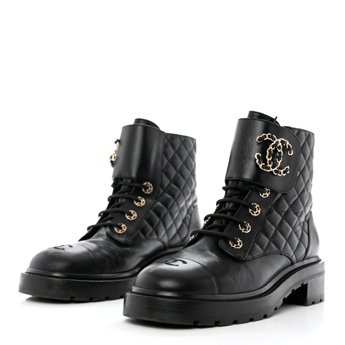 Shiny Calfskin Quilted Lace Up Combat Boots 40.5 Black