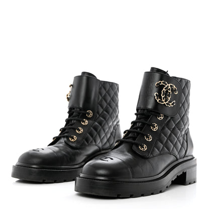 Chanel Shiny Calfskin Quilted Lace Up Combat Boots 40.5 Black 3 of 12