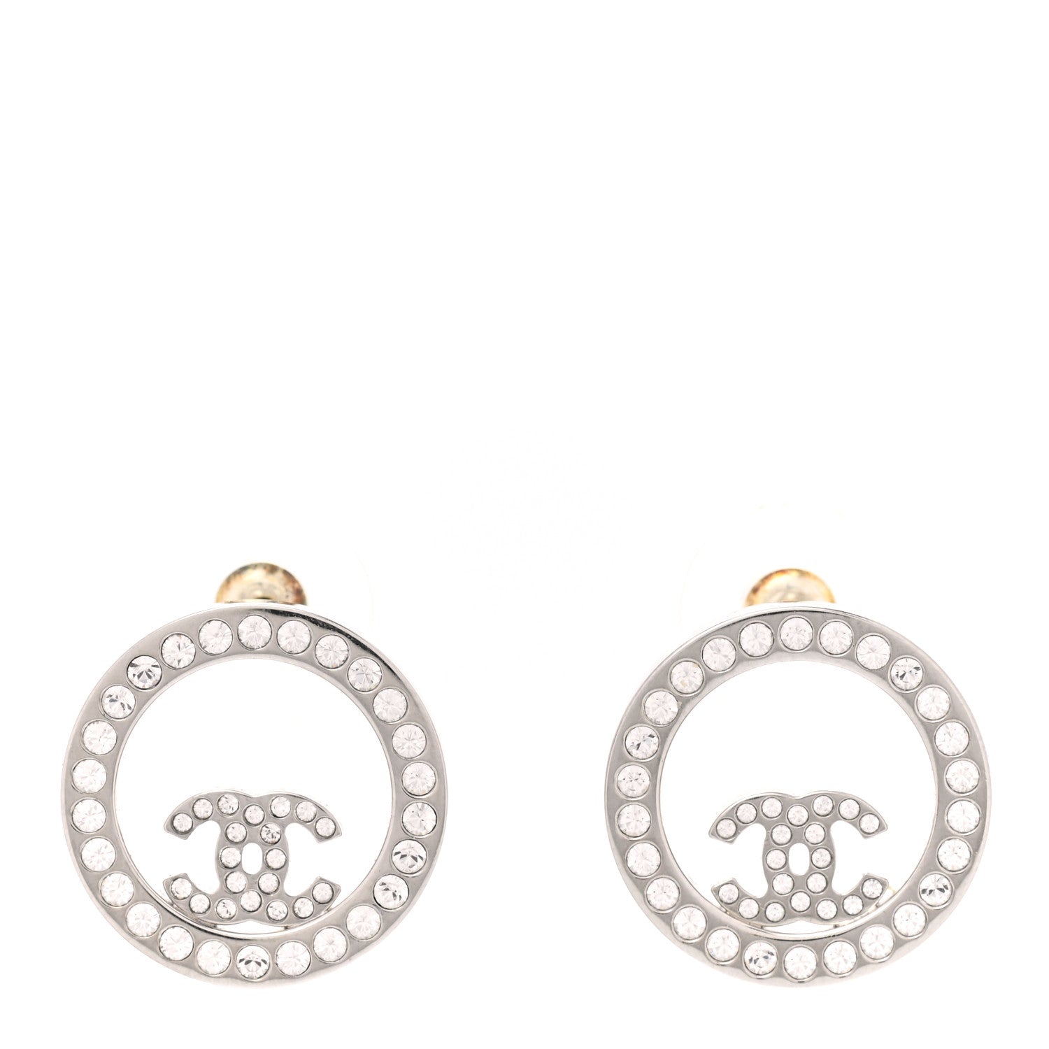Chanel Crystal CC Round Earrings Silver 1 of 5