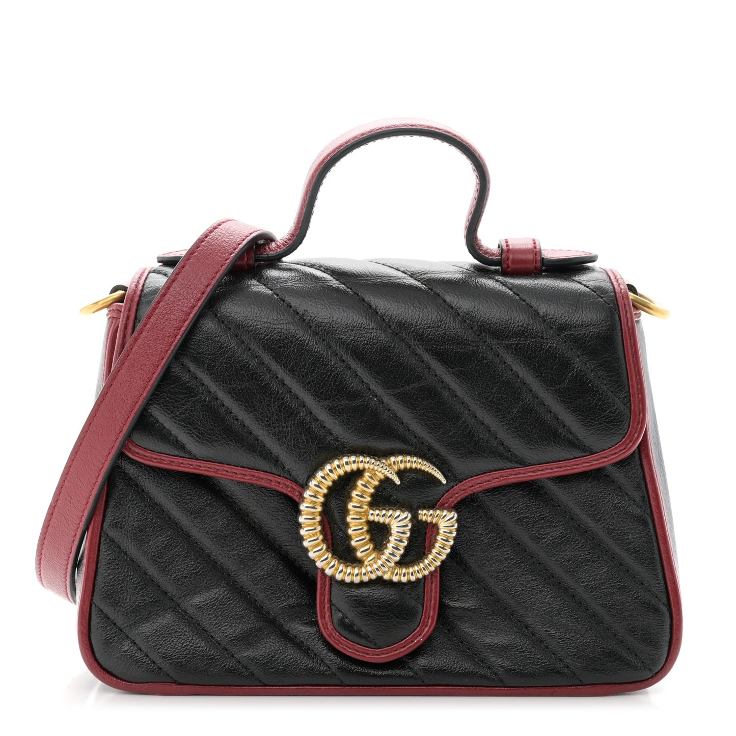 Vintage Effect Calfskin Matelasse Diagonal Mini Torchon GG Marmont Top Handle Shoulder Bag Black Romantic Cherry