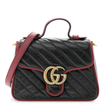 Gucci Vintage Effect Calfskin Matelasse Diagonal Mini Torchon GG Marmont Top Handle Shoulder Bag Black Romantic Cherry 1 of 11