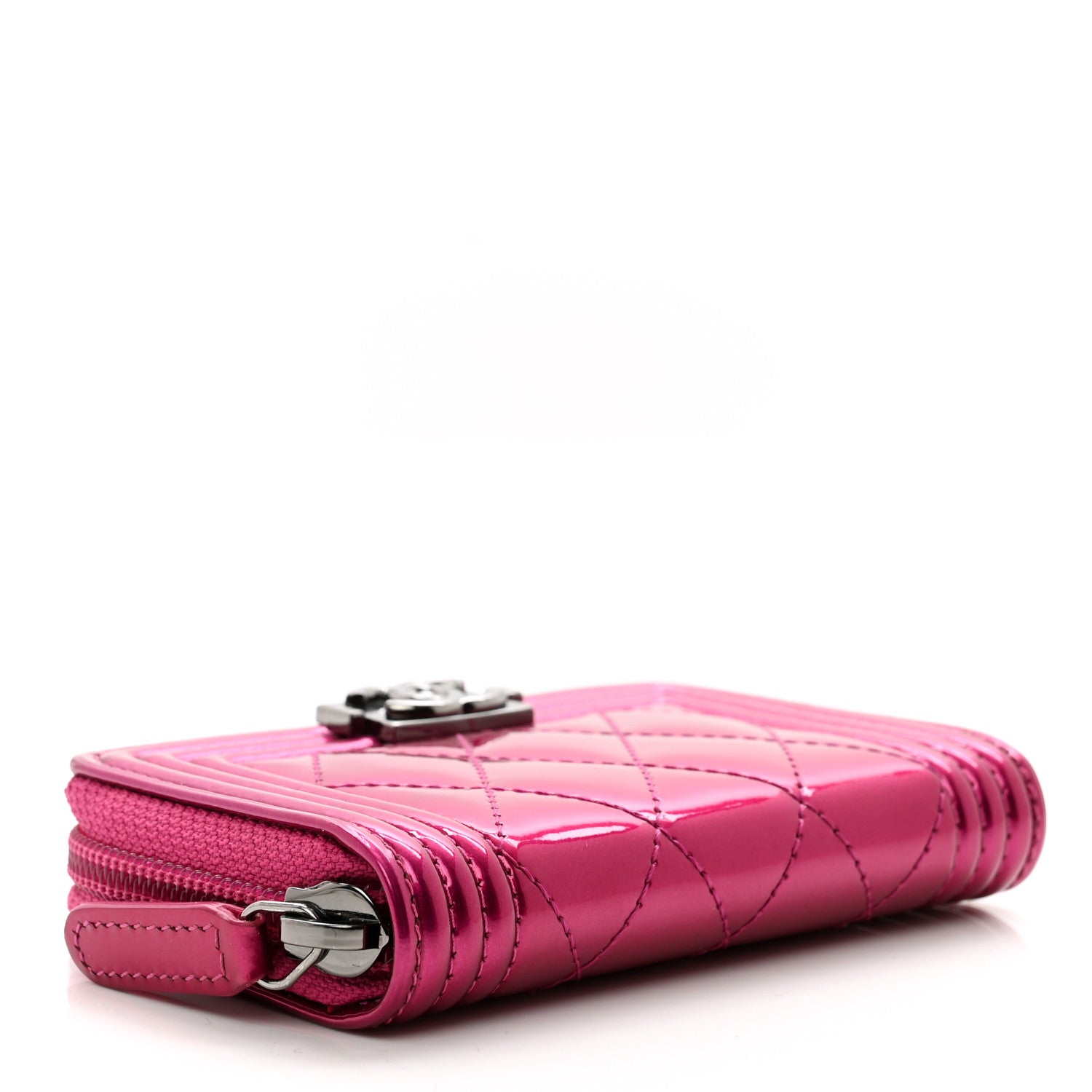 Chanel Metallic Patent Quilted Zip Around Boy Coin Purse Wallet Fuchsia 4 of 8