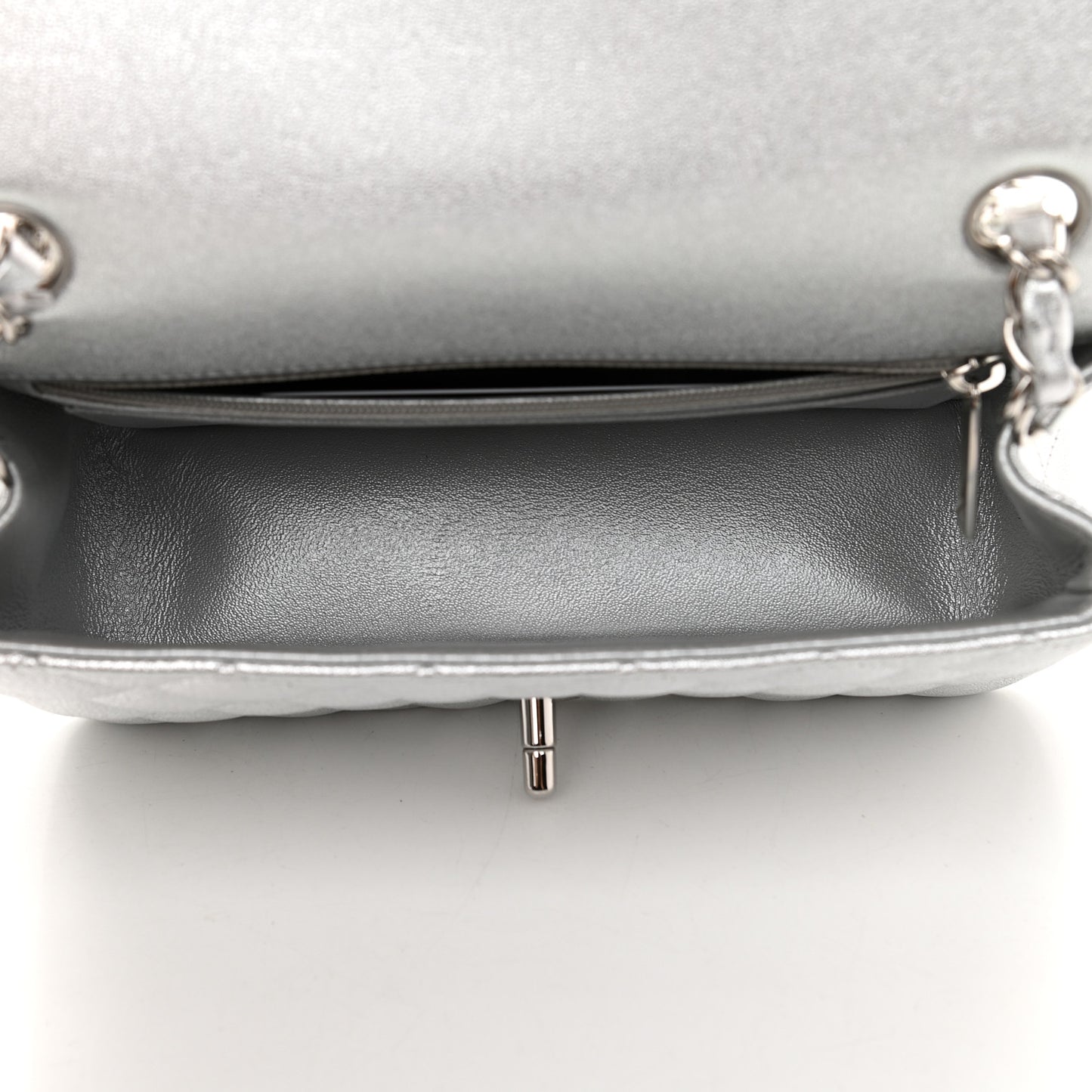 Metallic Lambskin Quilted Mini Rectangular Flap Silver