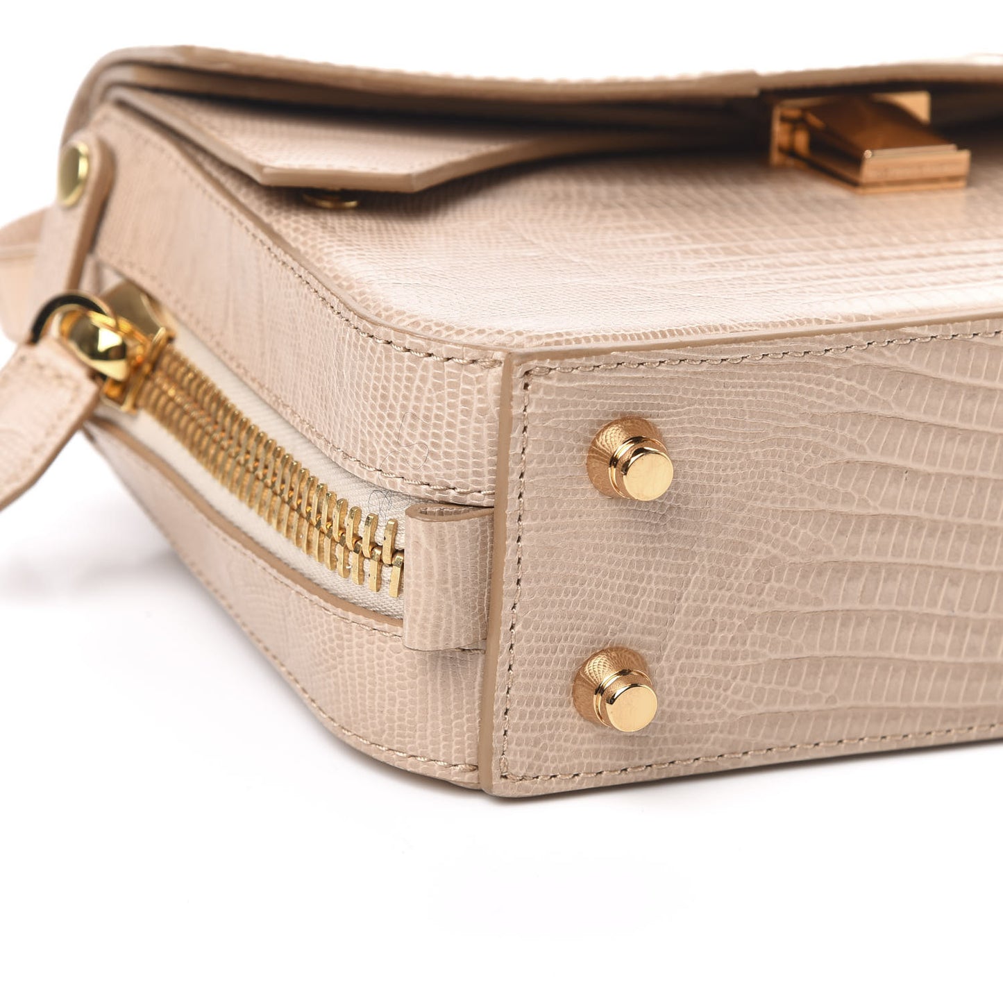 Crocodile Lizard Embossed Calfskin Tri-Fold Shoulder Bag Almond