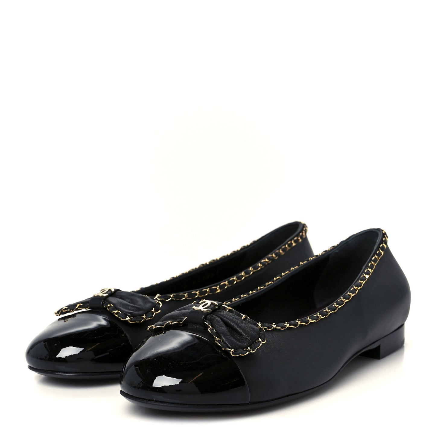 Lambskin Patent Cap Toe Chain Around Ballerina Flats 39.5 Black