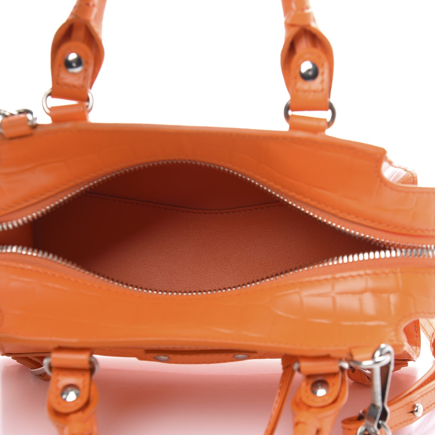 Balenciaga Semi Shiny Calfskin Crocodile Embossed Neo Classic Silver Hardware Mini City Orange 5 of 9