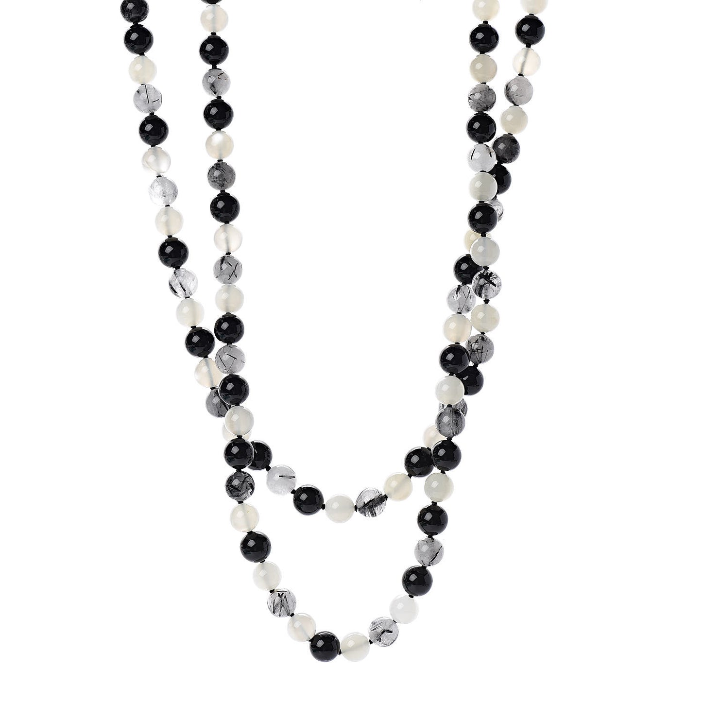 Sterling Silver Black Onyx Tourmalinated Quartz Moonstone Bead Necklace 60"