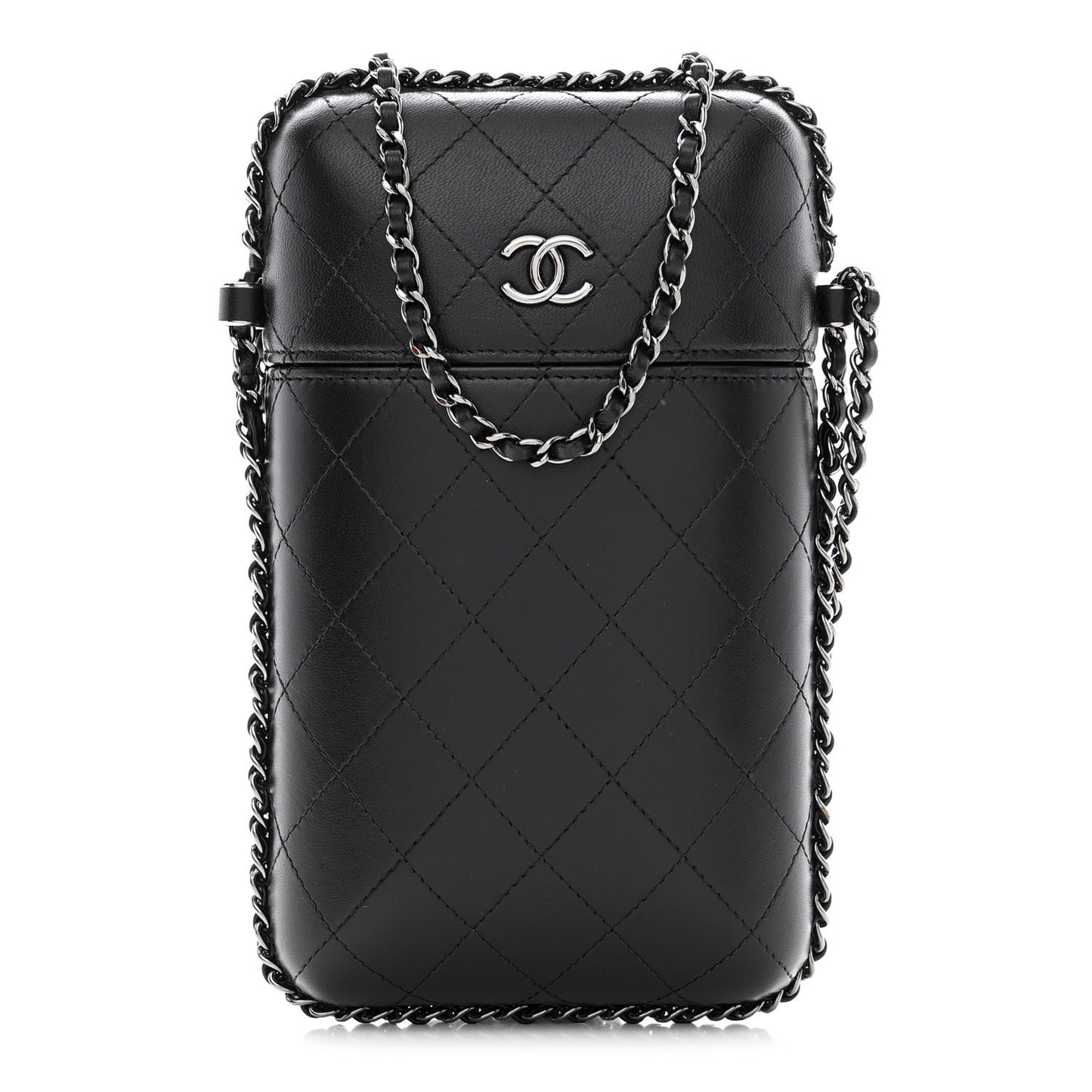 Lambskin Quilted Chain Around Phone Holder Black