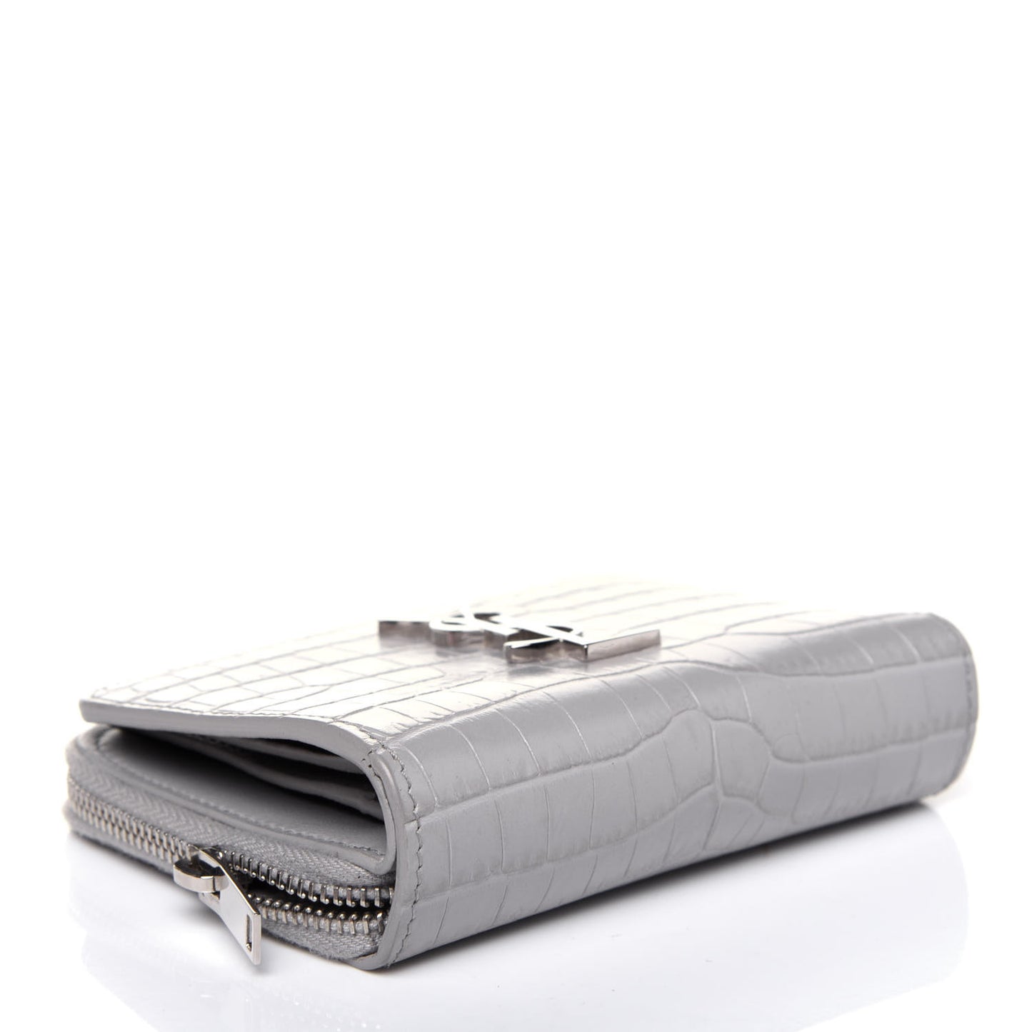 Calfskin Crocodile Embossed Monogram Compact Wallet Mouse Grey
