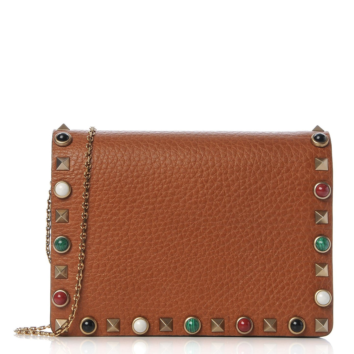 Grained Calfskin Rockstud Rolling Wallet on Chain Light Cuir