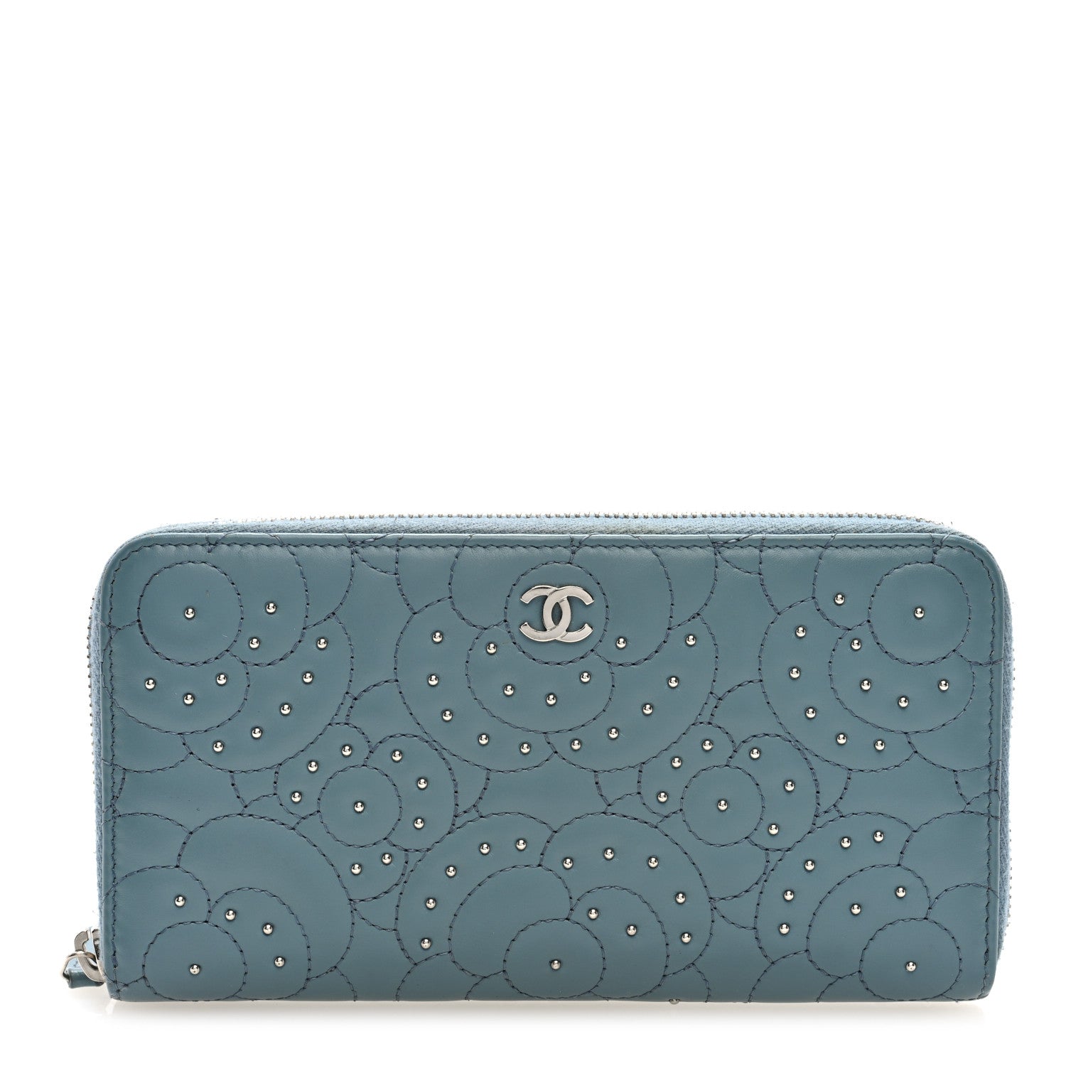 Chanel Lambskin Camellia Studded Medium Gusset Zip Around Wallet Light Blue 1 of 7