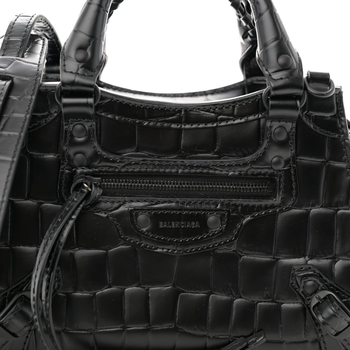 Semi Shiny Calfskin Crocodile Embossed Neo Classic Black Hardware Mini City Black