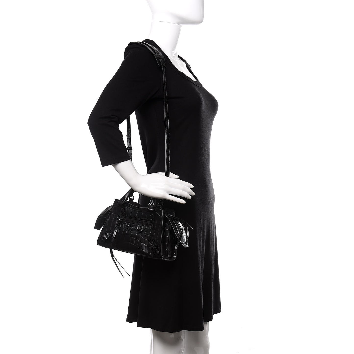 Semi Shiny Calfskin Crocodile Embossed Neo Classic Black Hardware Mini City Black