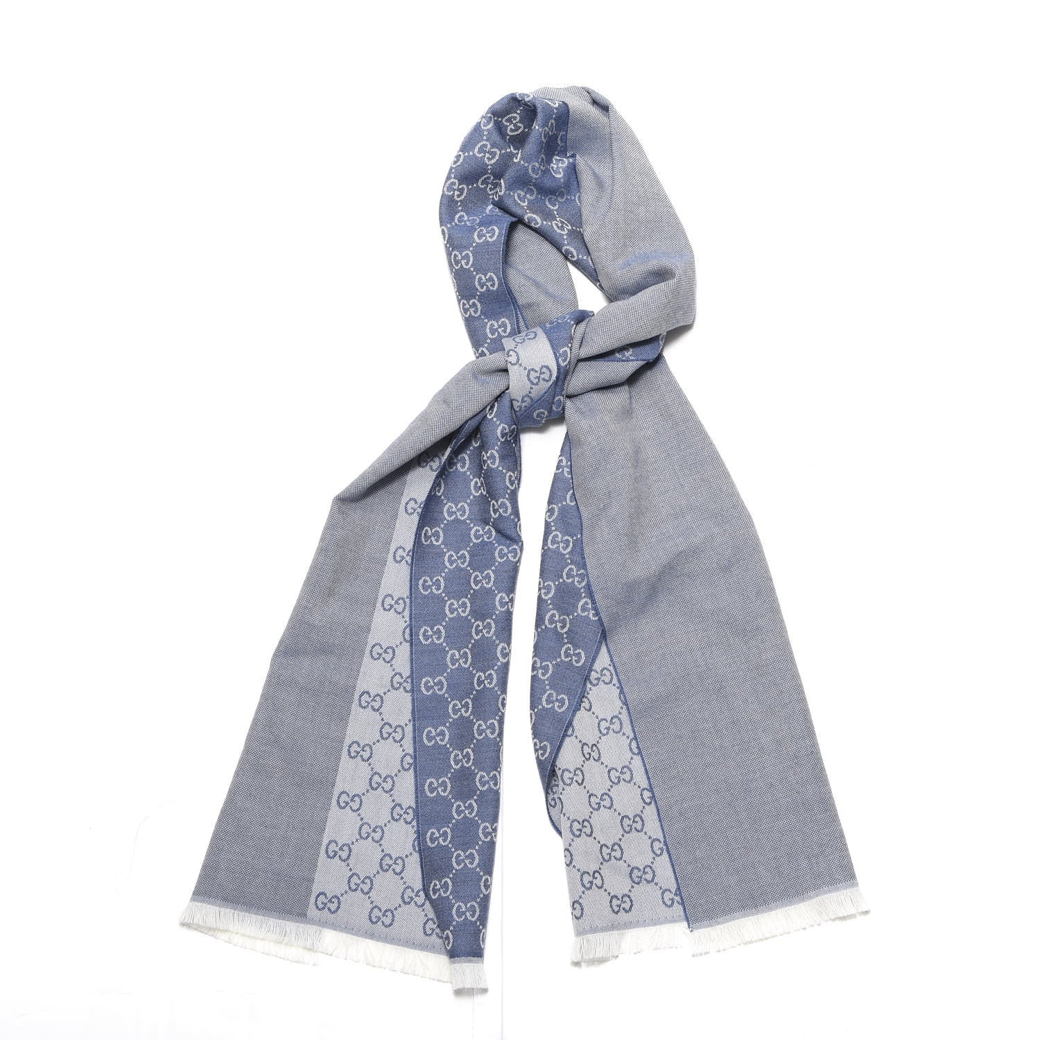 Gucci Wool GG Monogram HalfGG Fringe Scarf Ivory Sky Blue 1 of 4
