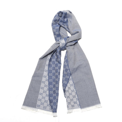 Gucci Wool GG Monogram HalfGG Fringe Scarf Ivory Sky Blue 1 of 4