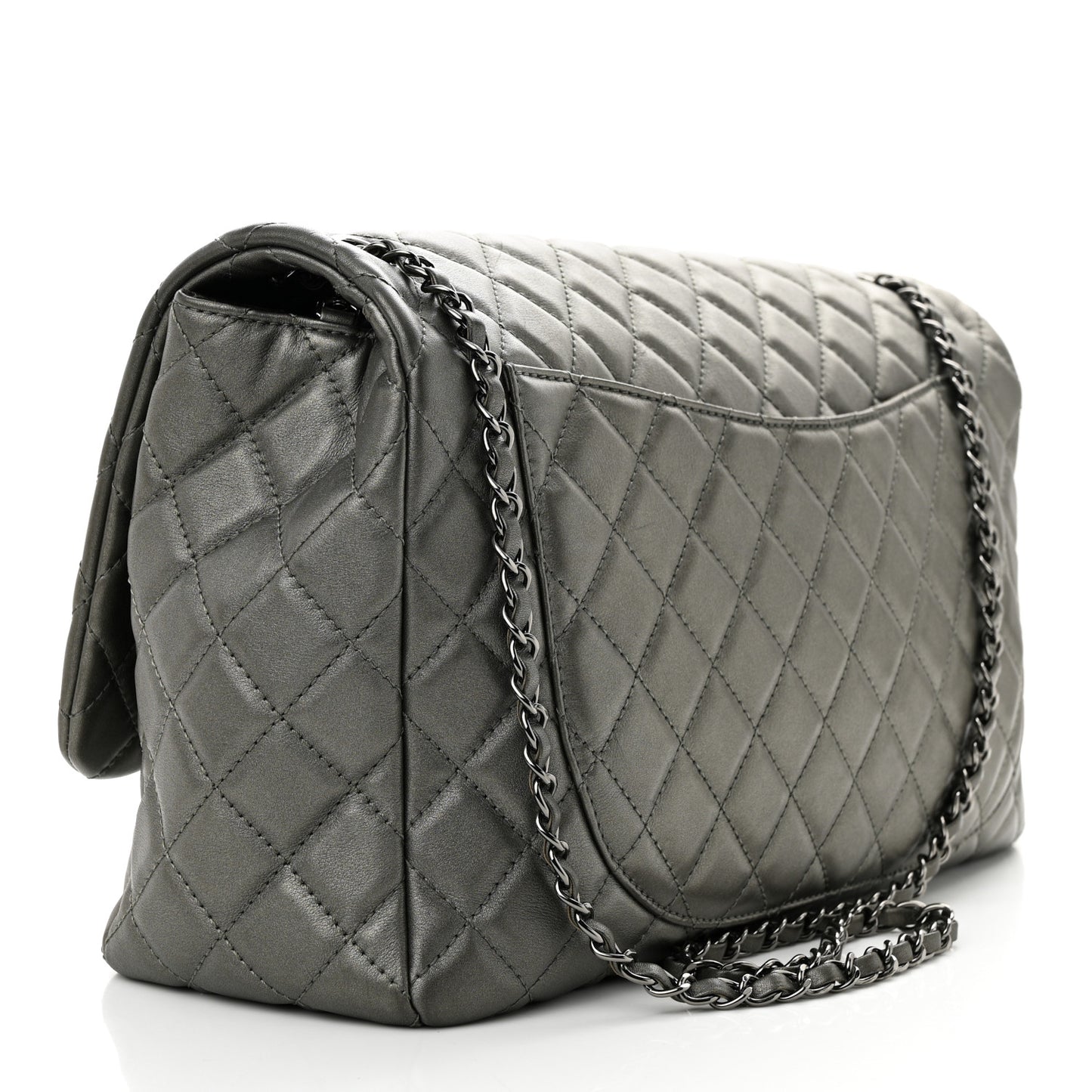 Metallic Calfskin Quilted Small XXL Travel Flap Bag Dark Silver