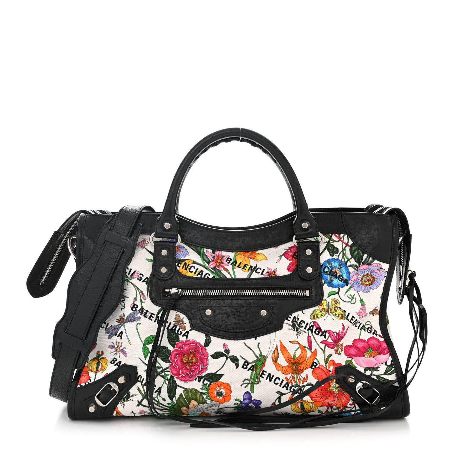 X GUCCI Canvas Azalea Calfskin Flora Logo Print Neo Classic Silver Hardware Medium City White Multicolor Black
