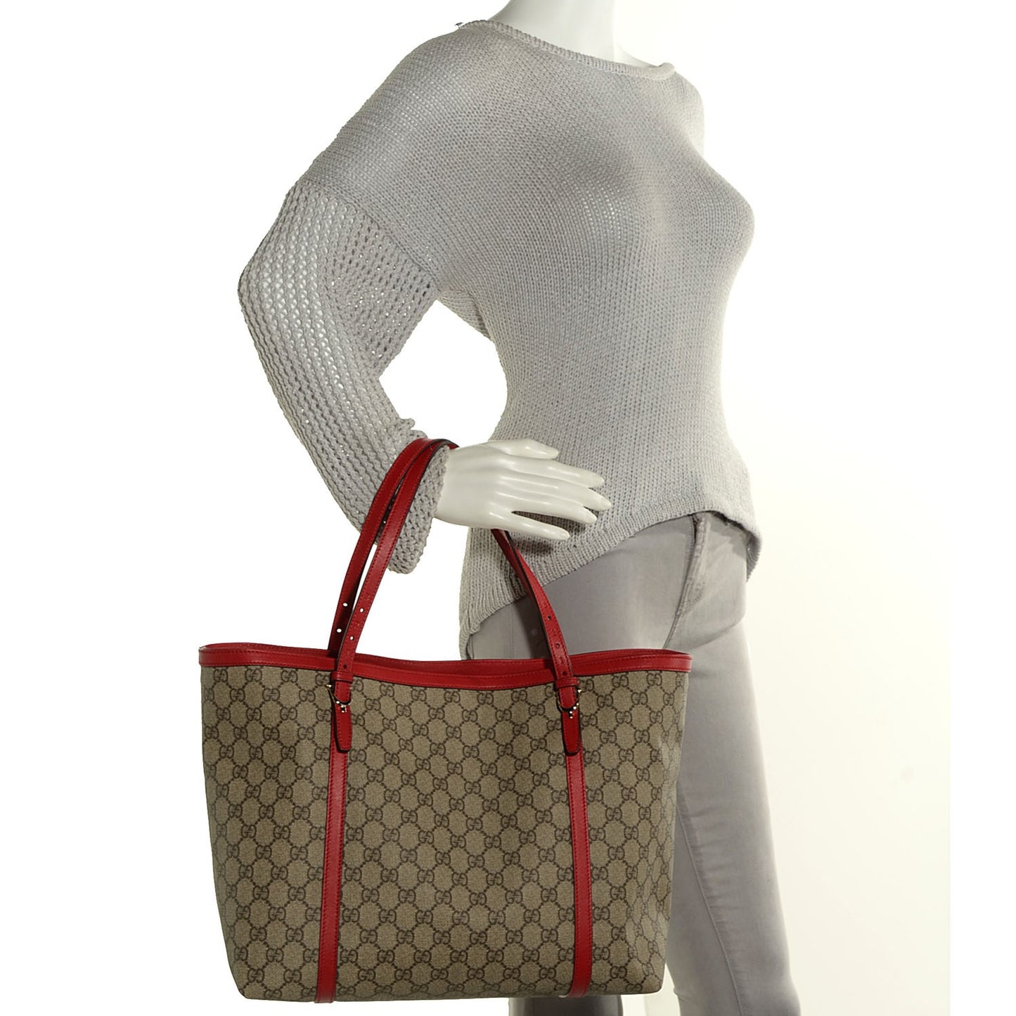 GG Supreme Monogram Calfskin Medium Nice Tote Beige Ebony Hibiscus Red