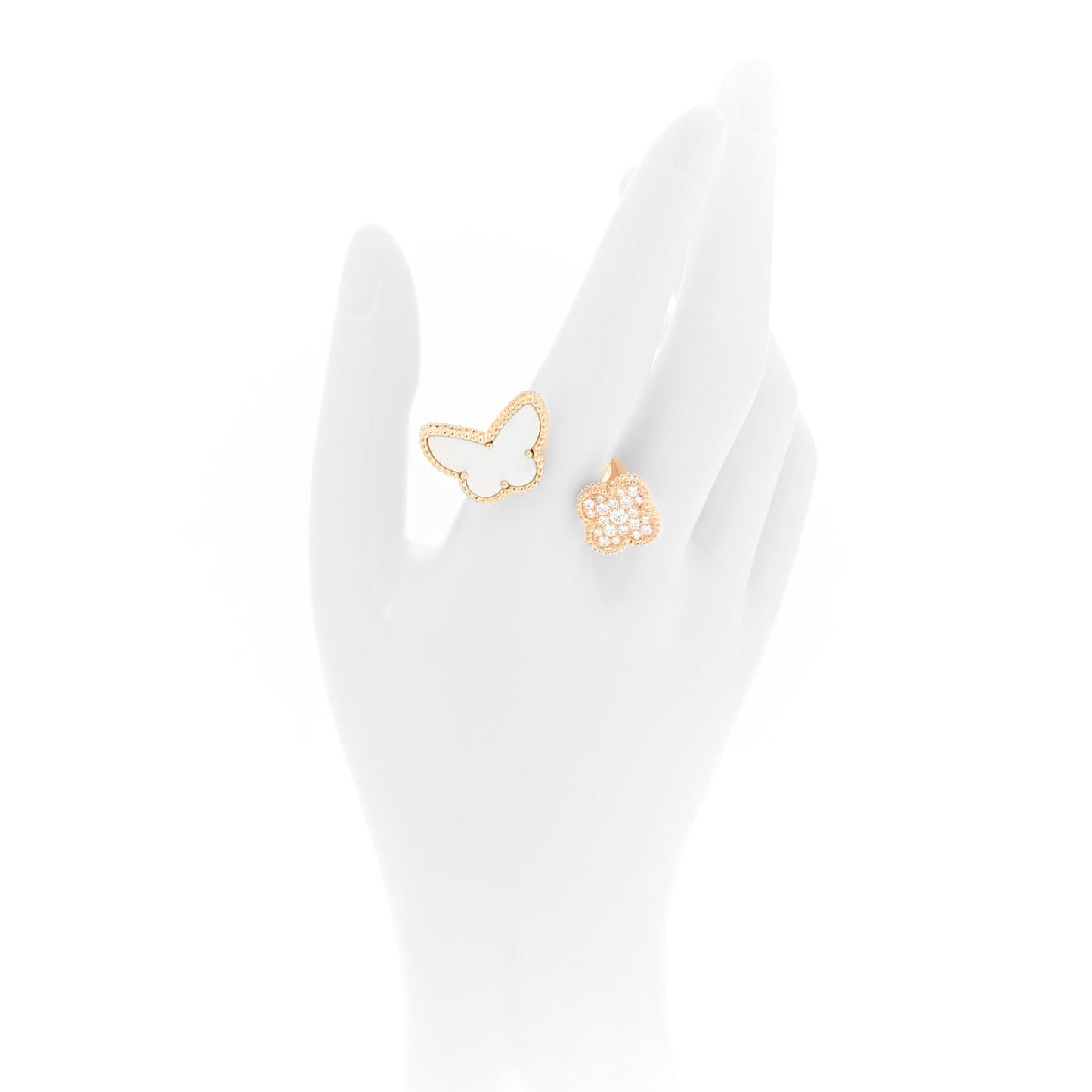 18K Rose Gold Diamond Mother of Pearl Lucky Butterfly Between The Finger Ring 10 62