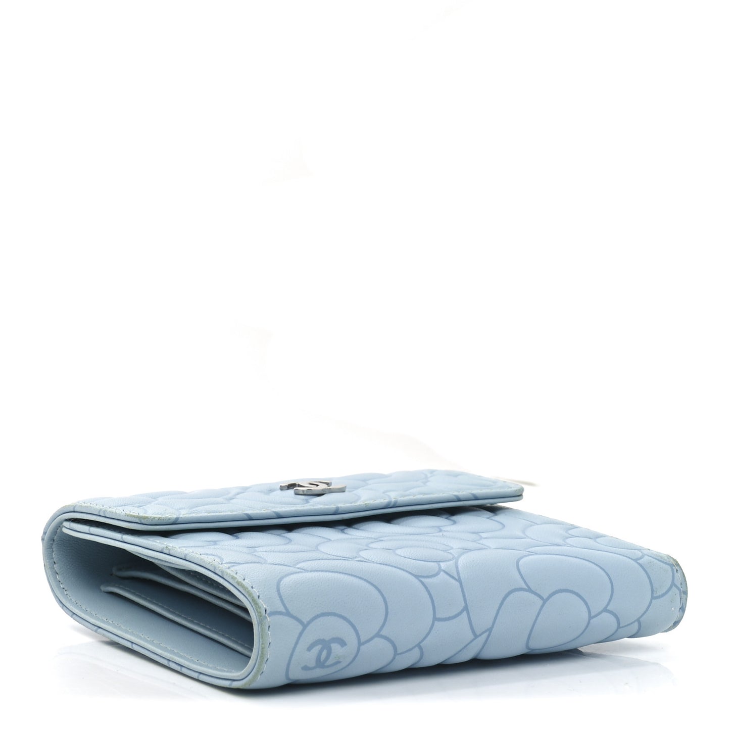 Lambskin Camellia Embossed Compact Wallet Light Blue