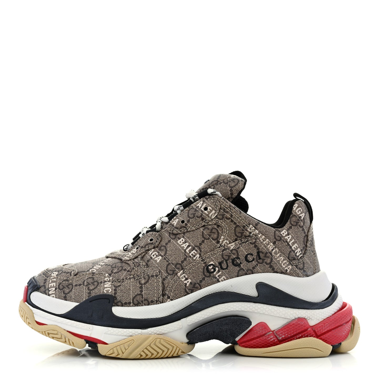 X GUCCI GG Supreme Monogram Allover Logo Womens Triple S Sneakers 38 Beige Ebony Mystic White