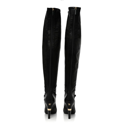 Chanel Calfskin Patent Cap Toe Pearl High Boots 38.5 Black 4 of 9