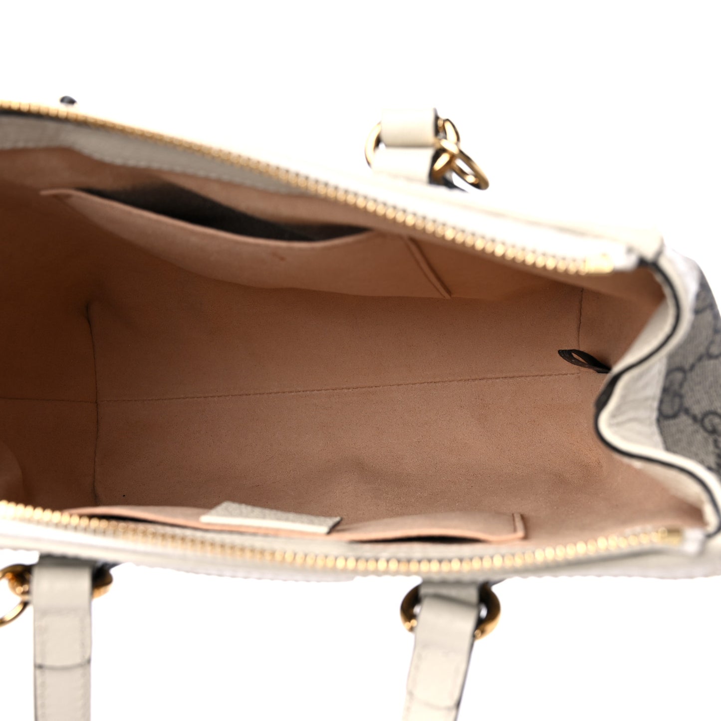 GG Supreme Monogram Textured Dollar Calfskin Web Small Ophidia Tote Bag Beige Ebony Mystic White