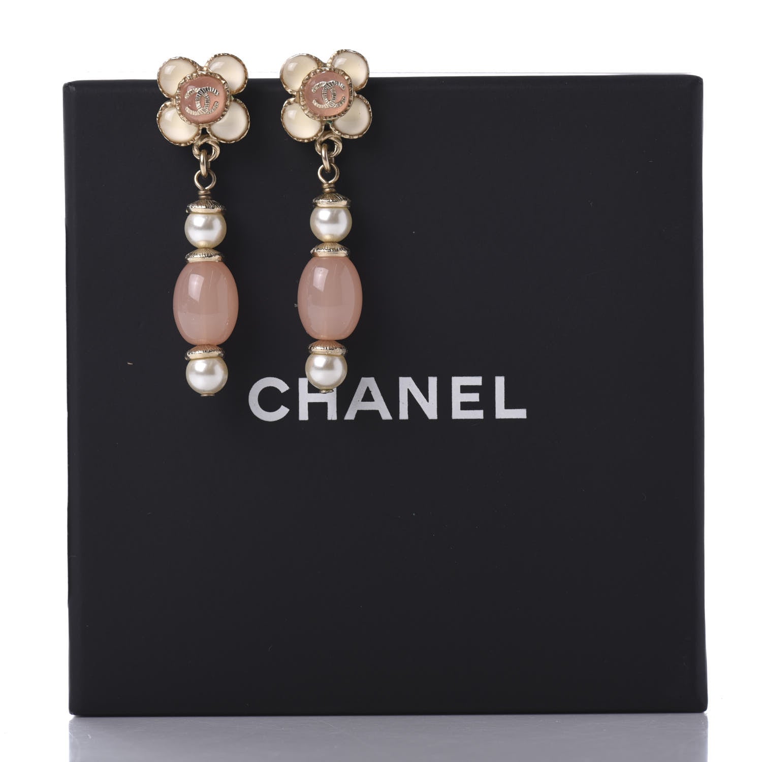 Chanel Resin Pearl CC Flower Drop Earrings Pink Beige 5 of 5