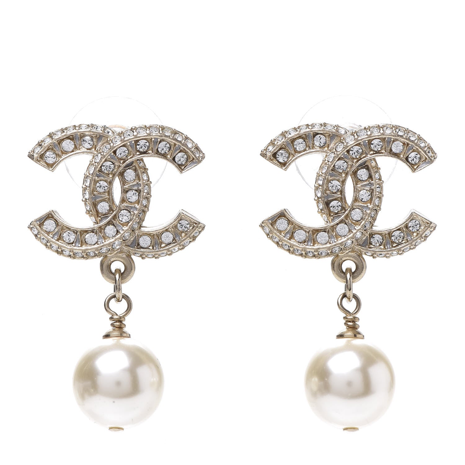 Chanel Crystal Pearl CC Drop Earrings Gold 1 of 5
