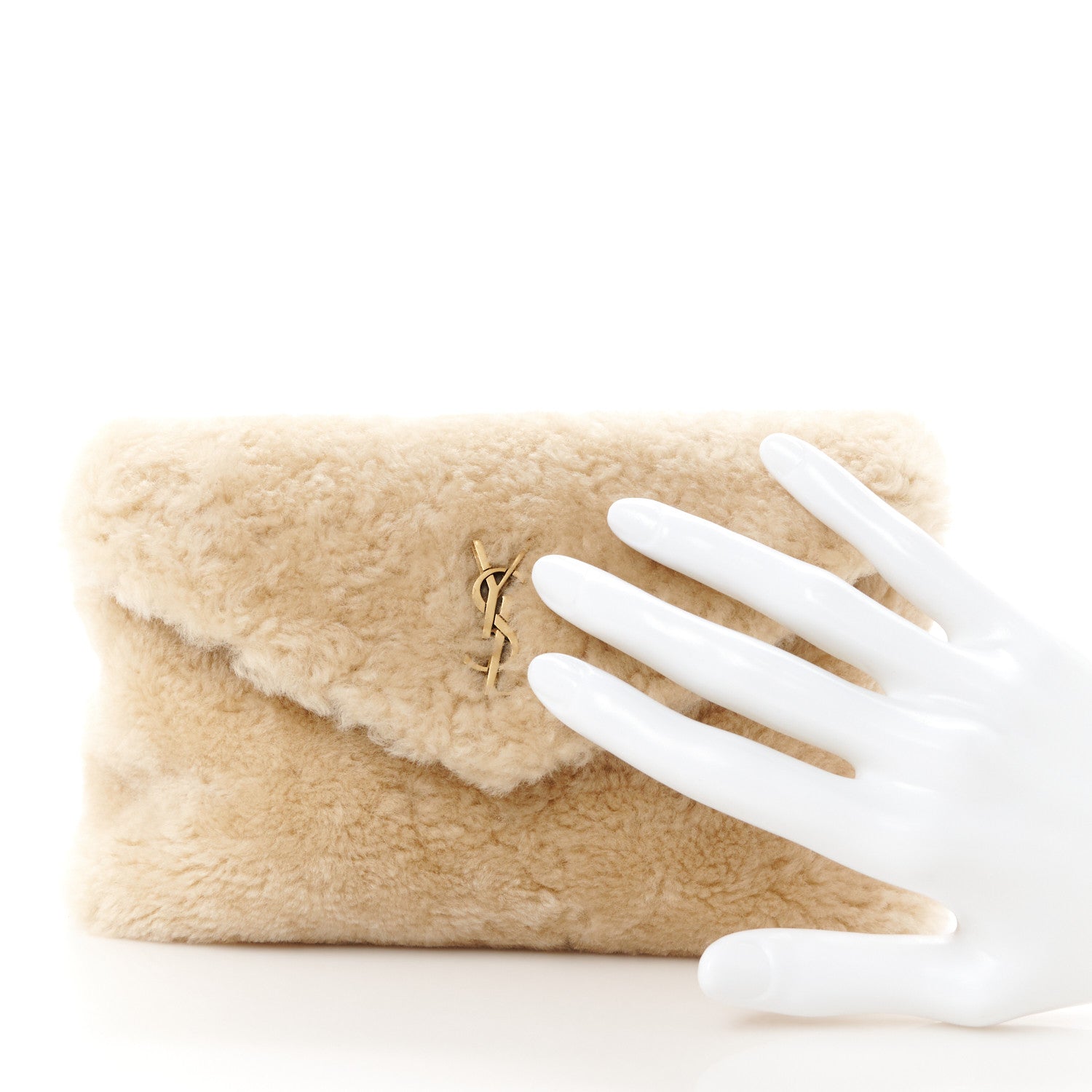Saint Laurent Shearling Quilted Monogram Loulou Puffer Pouch Clutch Natural Beige Brick 2 of 13