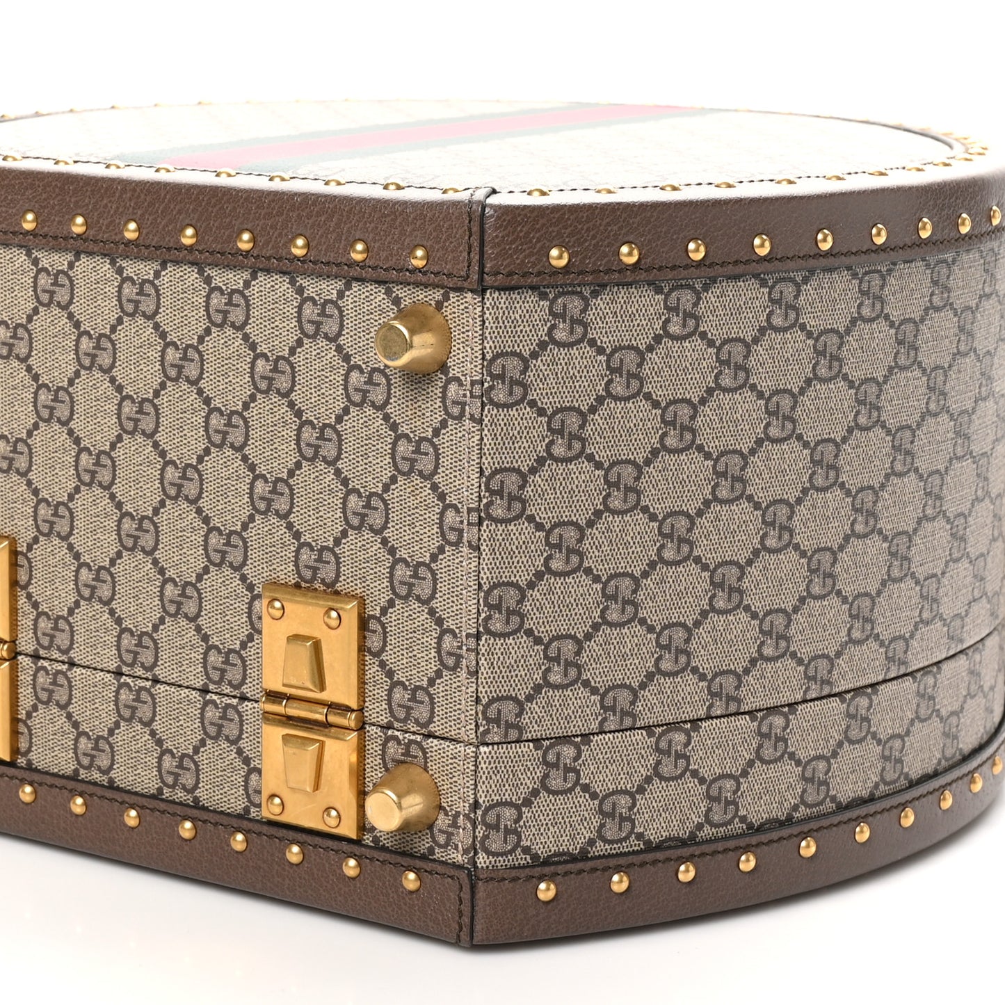 GG Supreme Monogram Textured Dollar Calfskin Web Savoy Hat Box Beige Ebony New Acero