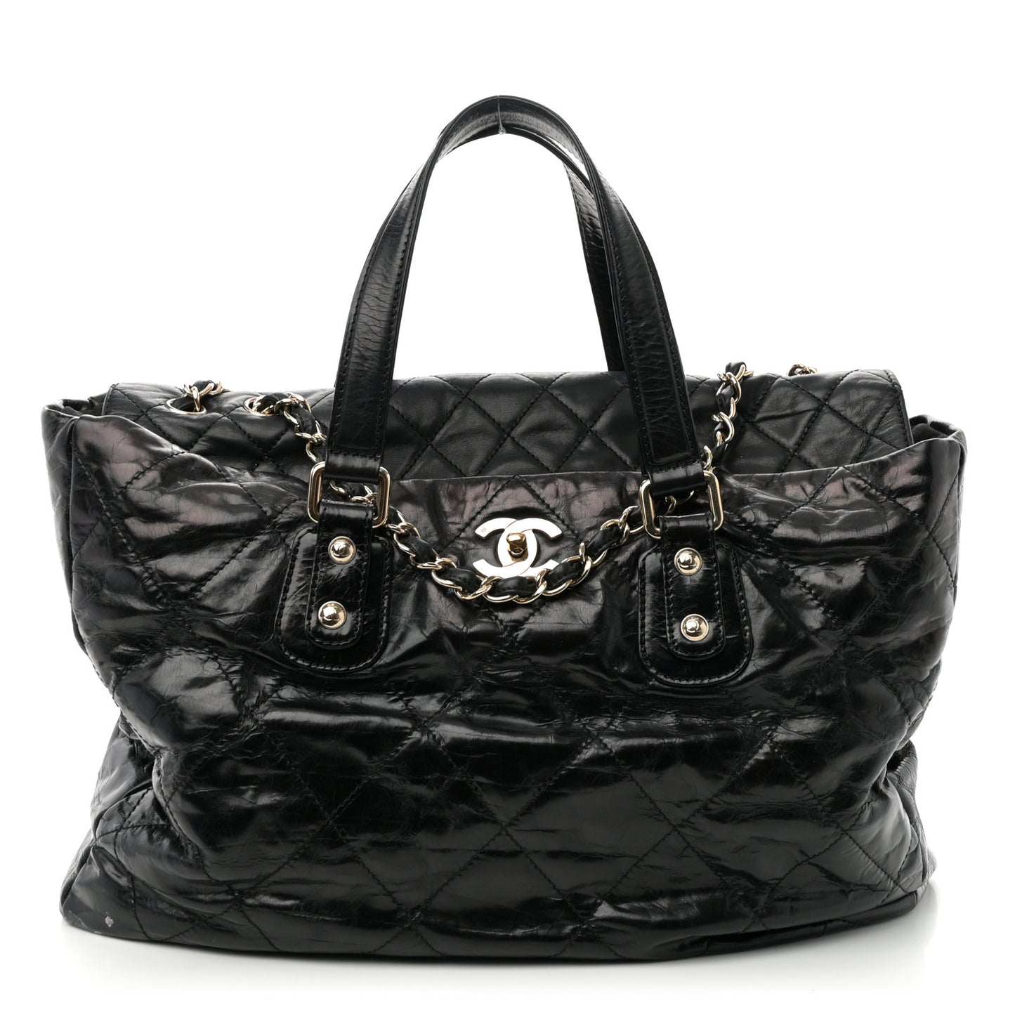 Glazed Calfskin Large Portobello Tote Black