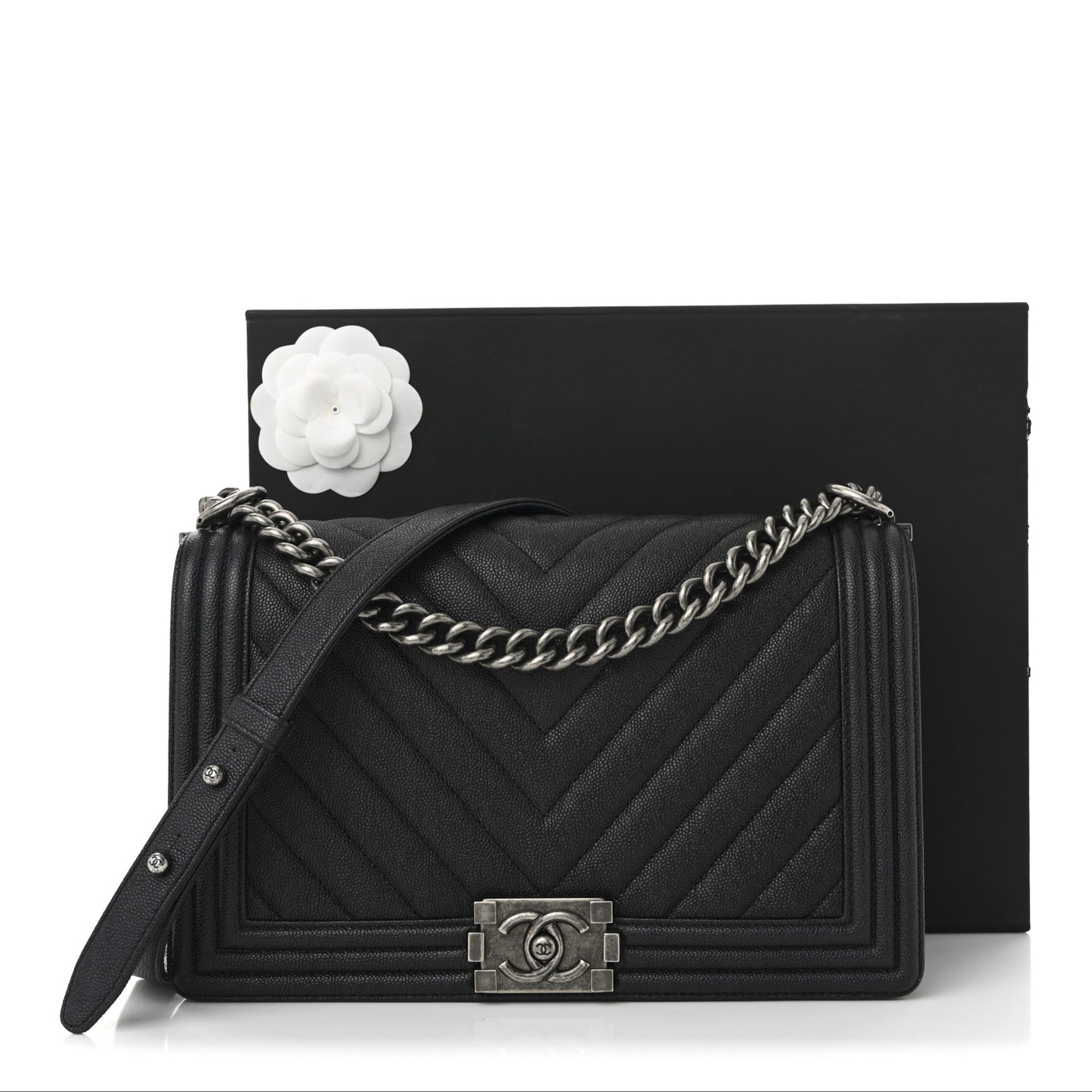Caviar Chevron Quilted New Medium Boy Flap Dark Navy Blue